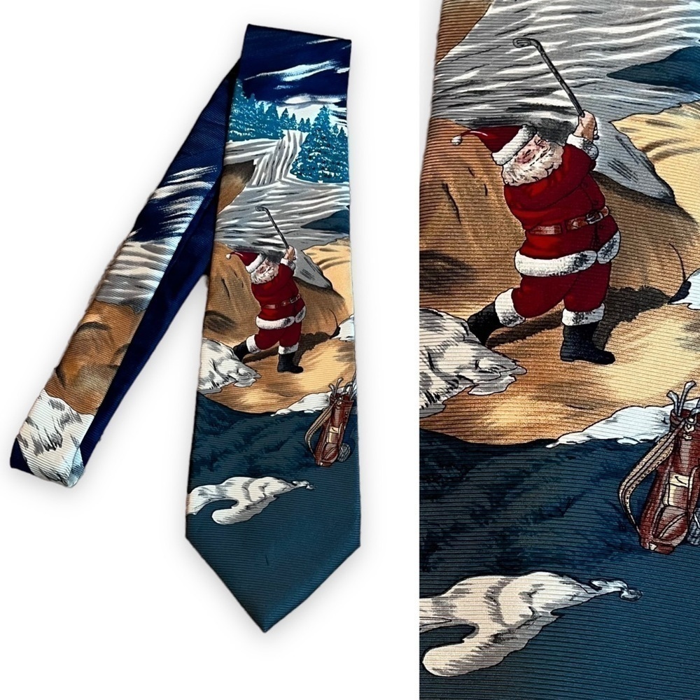 Vintage Christmas Tie Golfing Santa 100% Silk Ruff Hewn Sand Trap Golfer